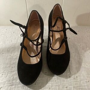Miss Albright by Anthropology Niza Black Wedge Mary Jane 3 Strap Shoes